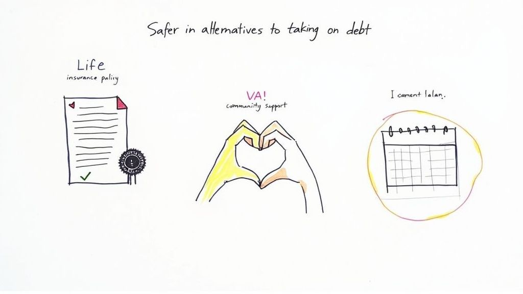 Illustration showing alternatives to debt: a life insurance policy document, hands forming a heart for community support, and a calendar for planning.