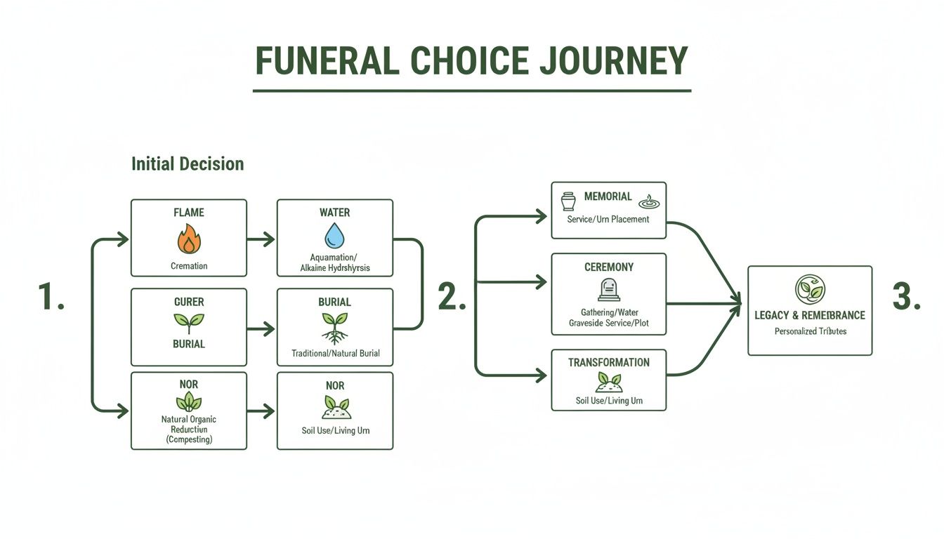 Flowchart illustrating the funeral choice journey from initial decisions to legacy and remembrance.