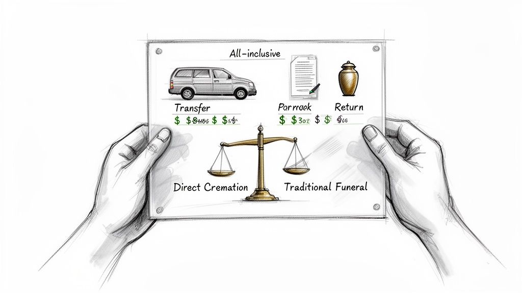 Hands holding a transparent sheet comparing direct cremation and traditional funeral services with cost breakdown.