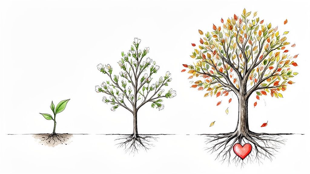 How to Gift a Tree in Memory of Someone You Love Watercolor illustration depicting three stages of a tree's life: sprout, blossoming tree, and autumn tree with a heart.