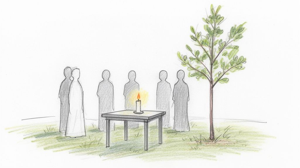 A pencil sketch of six figures gathered around a candlelit table, under a tree, symbolizing a memorial.