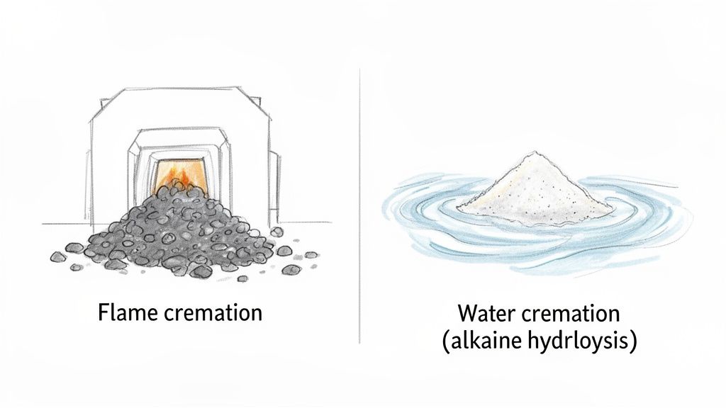 A visual comparison of flame cremation and water cremation, showing remains from each process.