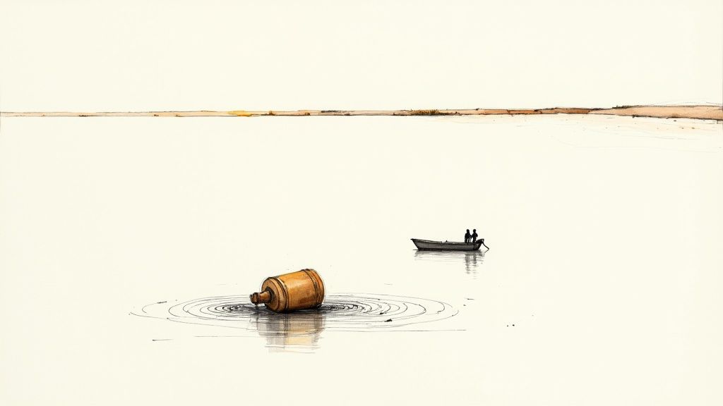 A serene illustration featuring a floating barrel and a boat with two people on a vast calm water.