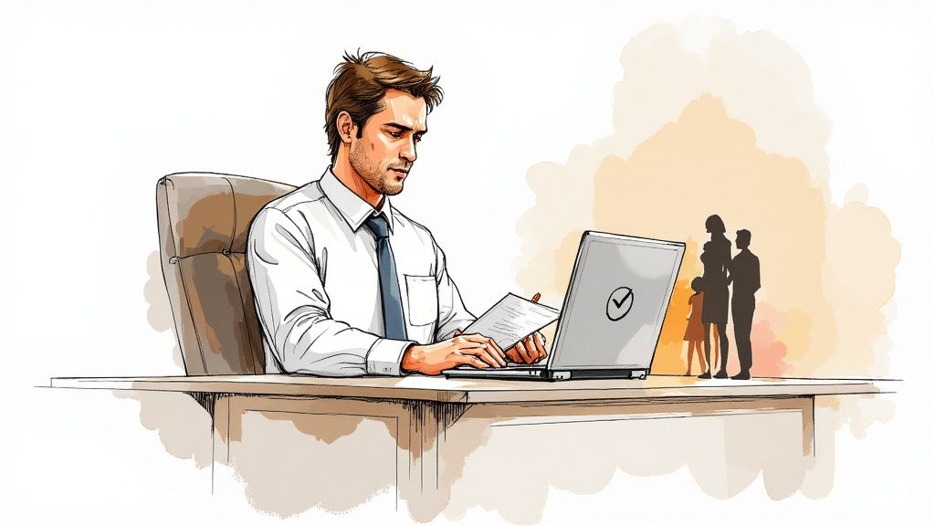 A man works on a laptop and papers, with family silhouettes in the background, representing work-life balance.