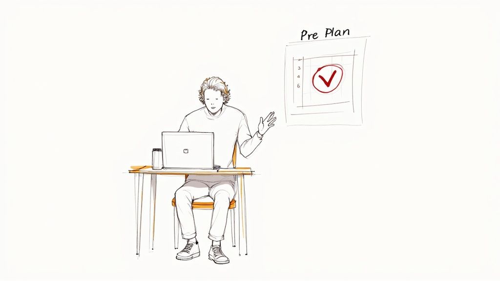 Illustration of a person using a laptop, gesturing towards a 'Pre Plan' chart with a checkmark.