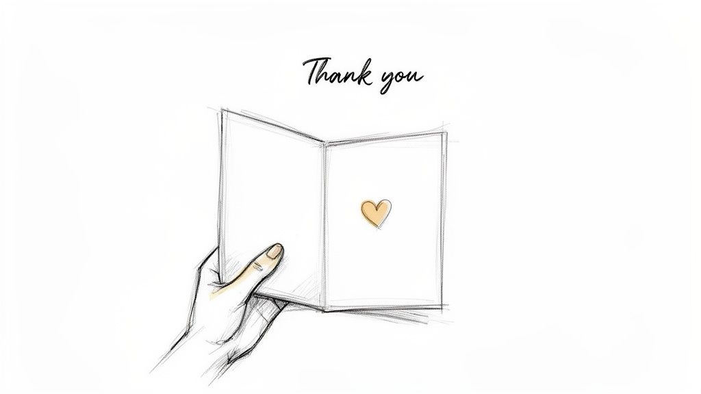 8 Thoughtful Examples of Funeral Thank You Card Wording A sketch of a hand holding an open thank you card with a small orange heart, expressing gratitude.