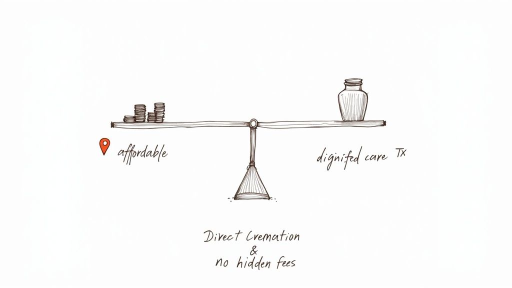 A Texas Guide to Direct Cremation A hand-drawn balance scale depicting affordable direct cremation and dignified care in Texas.