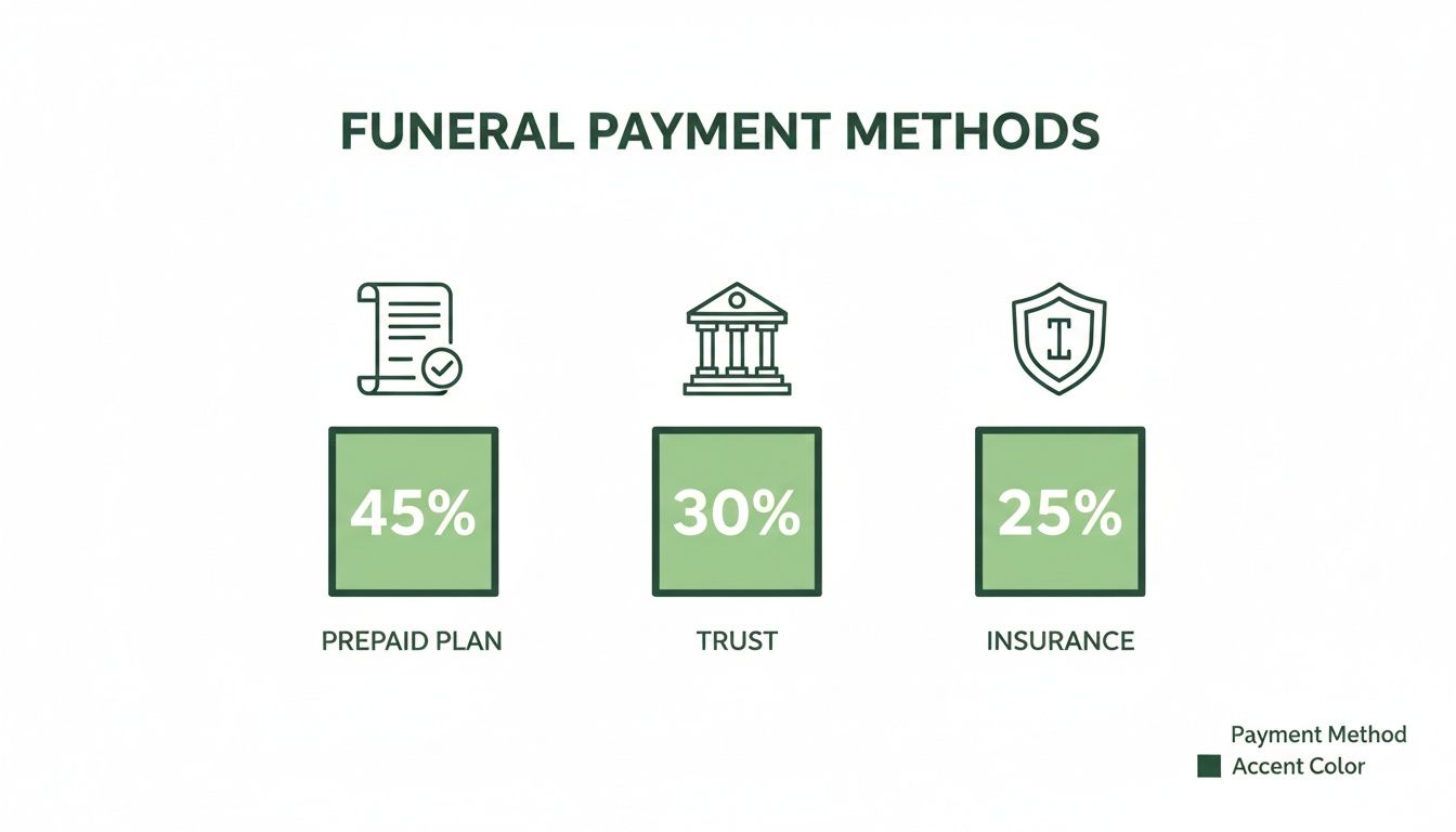 Pre Planning Funeral Costs A Texas Guide Infographic showing funeral payment methods: Prepaid Plan (45%), Trust (30%), Insurance (25%).