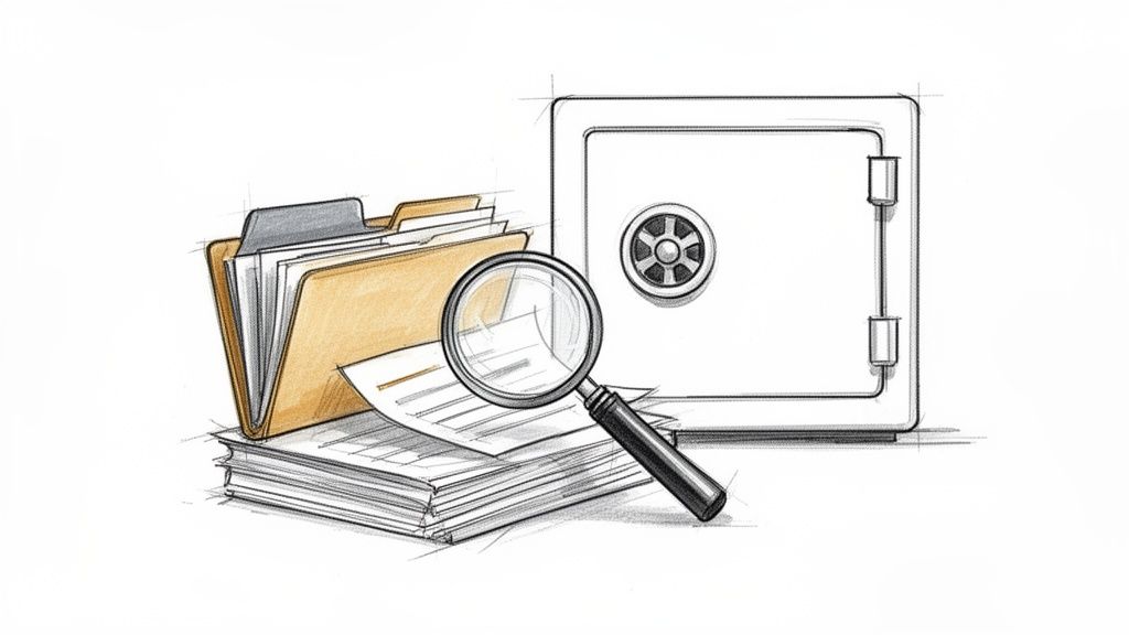 Illustration of a file folder, documents, magnifying glass, and safe, symbolizing financial review and security.