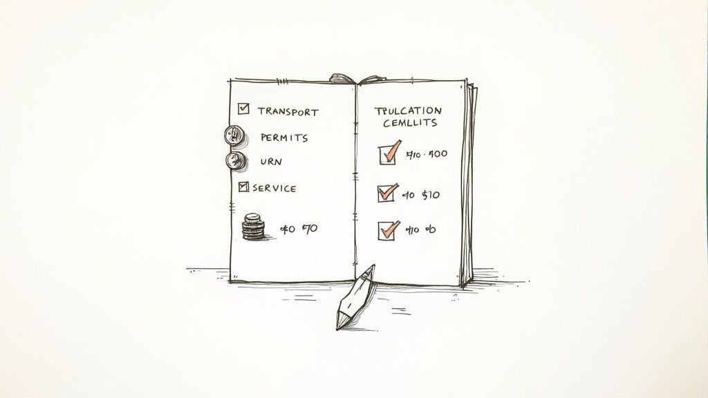 Open notebook showing cremation service checklist with transport permits, urn selection, and cemetery plots