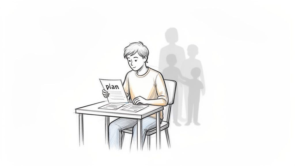 An illustration of a man reading a plan document, with family shadows in the background.