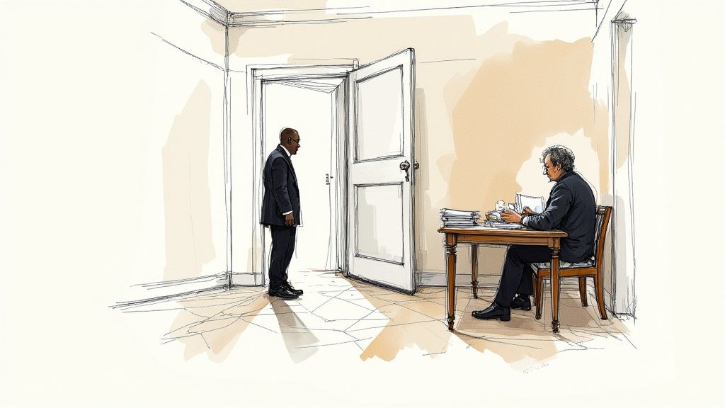 Person sitting at a table with documents and a laptop, looking thoughtful.