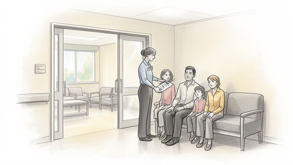 A family sits in a waiting room, receiving information from a female staff member.