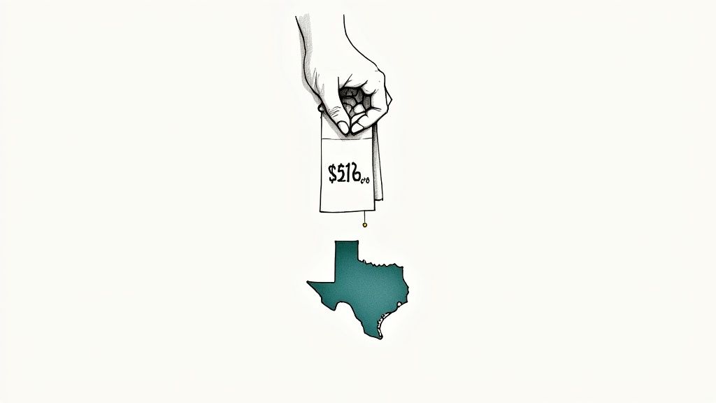 Understanding the Basic Cost of Cremation in Texas A hand holds a price tag marked "$51B" over a map outline of Texas, suggesting a large cost or investment.