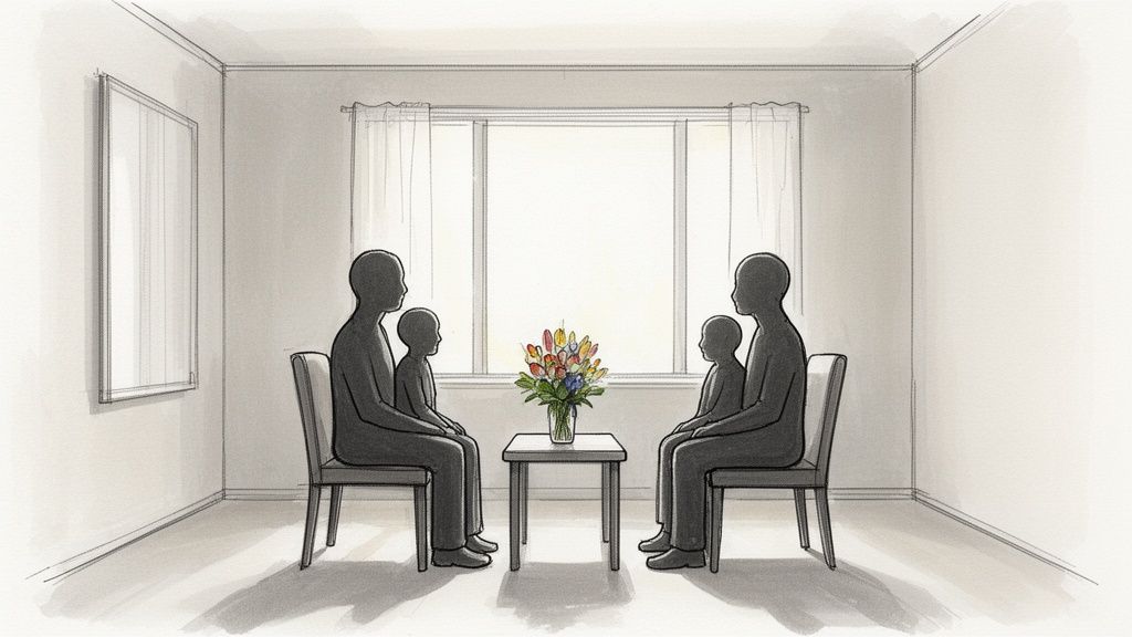 Two adults and two children sit facing each other with flowers on a table.
