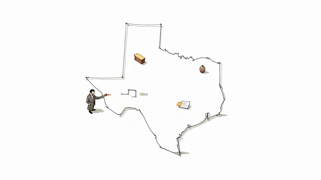 Understanding the Average Cost of a Funeral in Texas A man draws a Texas map outline with items like an urn, wood, and documents inside, illustrating funeral costs.