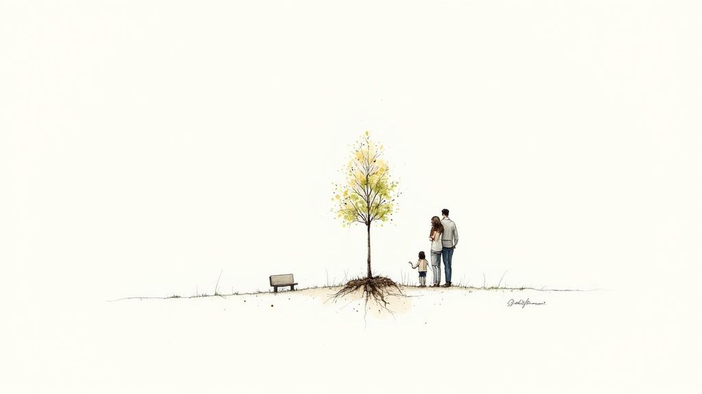 A person's hands gently holding a small tree sapling, ready for planting, symbolizing new life and remembrance.