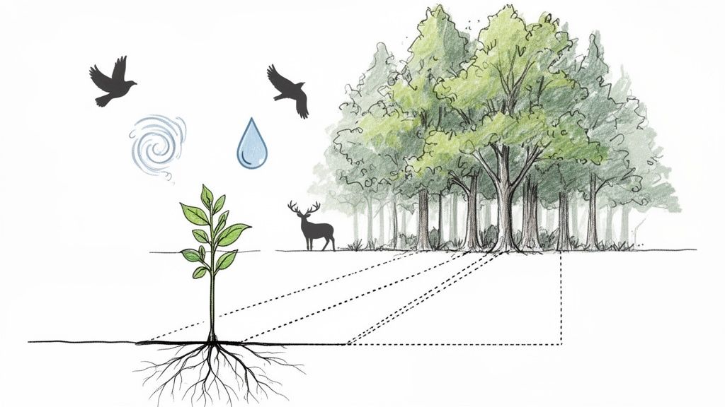 How to Gift a Tree in Memory of Someone You Love Illustration showing a young plant with roots, a forest, deer, birds, water, and wind, depicting a growing ecosystem.