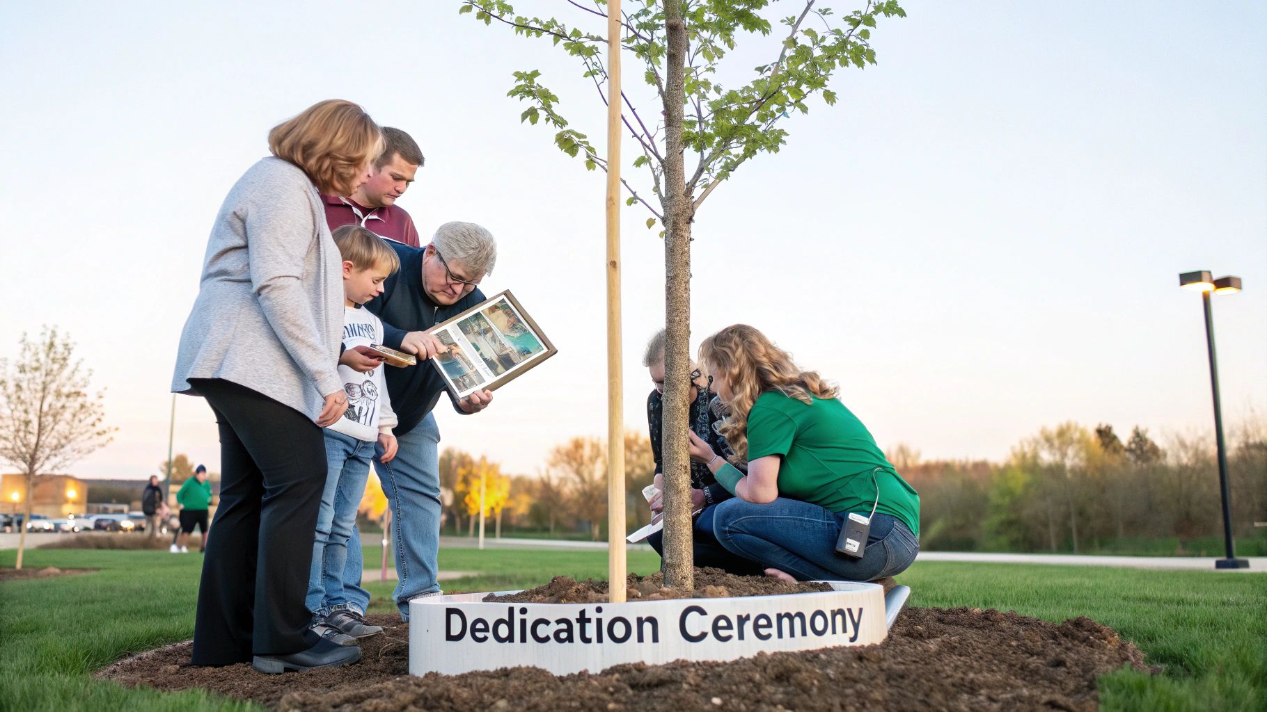 A group of people planting a tree.