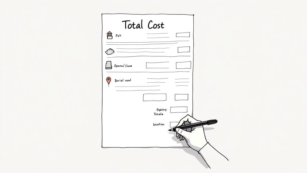 Hand filling out cemetery plot cost breakdown form with burial vault and funeral expense sections