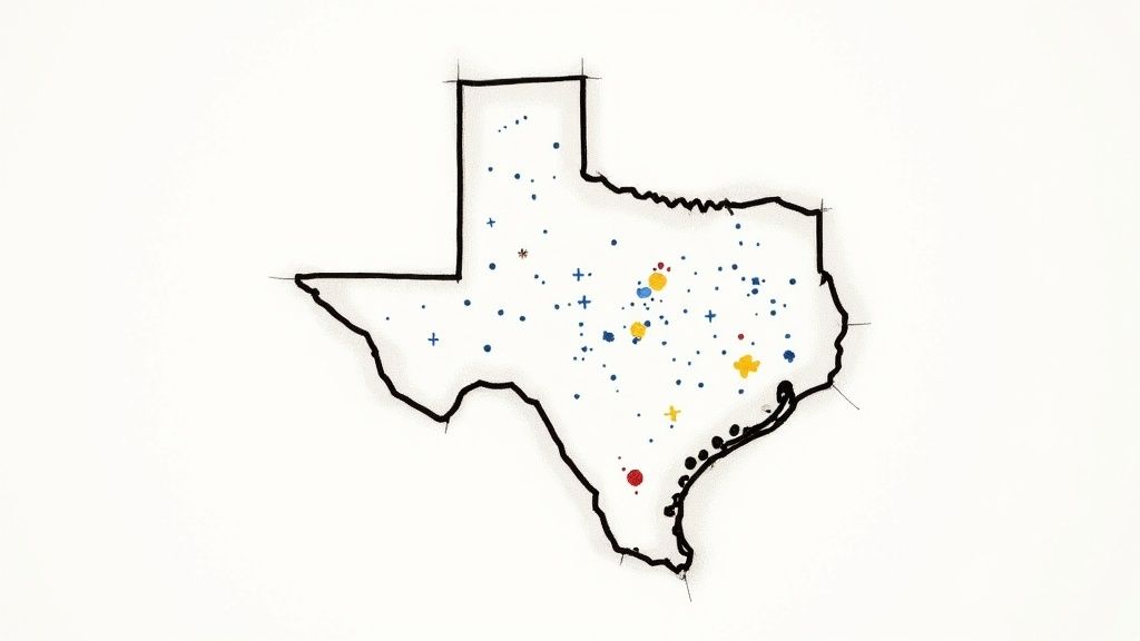 A sprawling map of Texas with pins in various cities, illustrating the geographical differences in service areas.