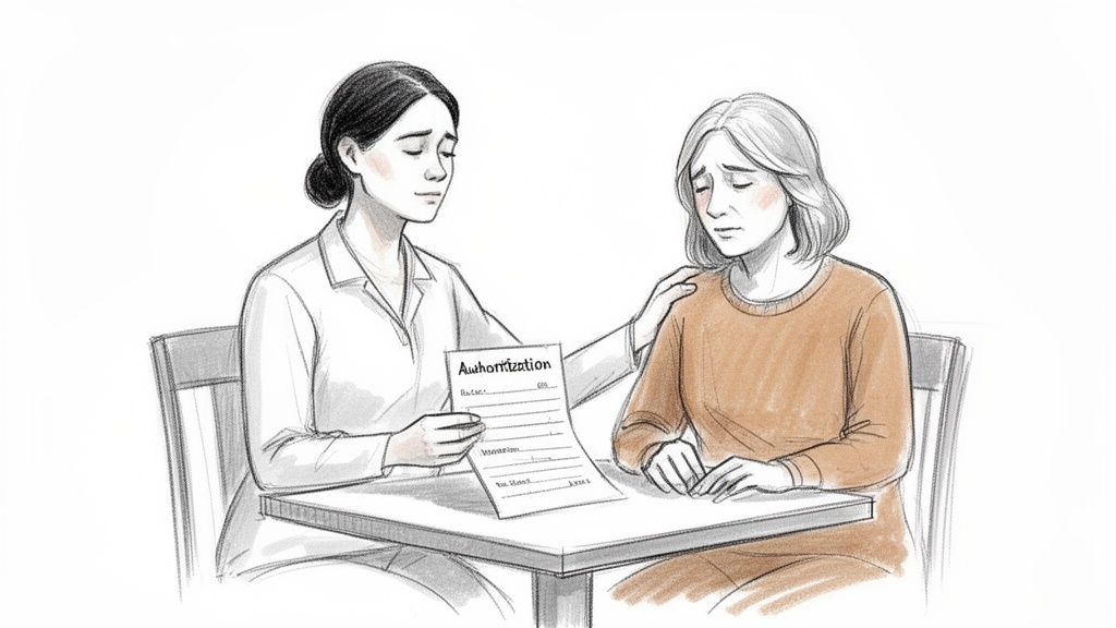 A compassionate professional explains an authorization form to a distressed woman, offering comfort.
