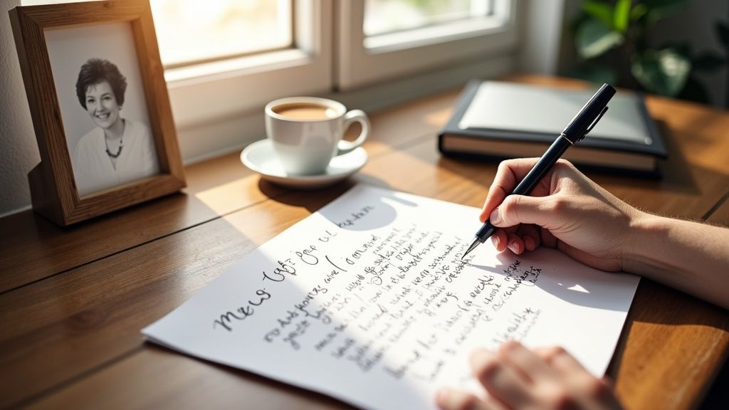 A person sitting at a desk with a notebook and pen, thoughtfully writing.