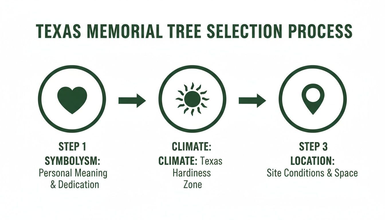 A three-step infographic details the Texas Memorial Tree Selection Process: Symbolism, Climate, and Location.