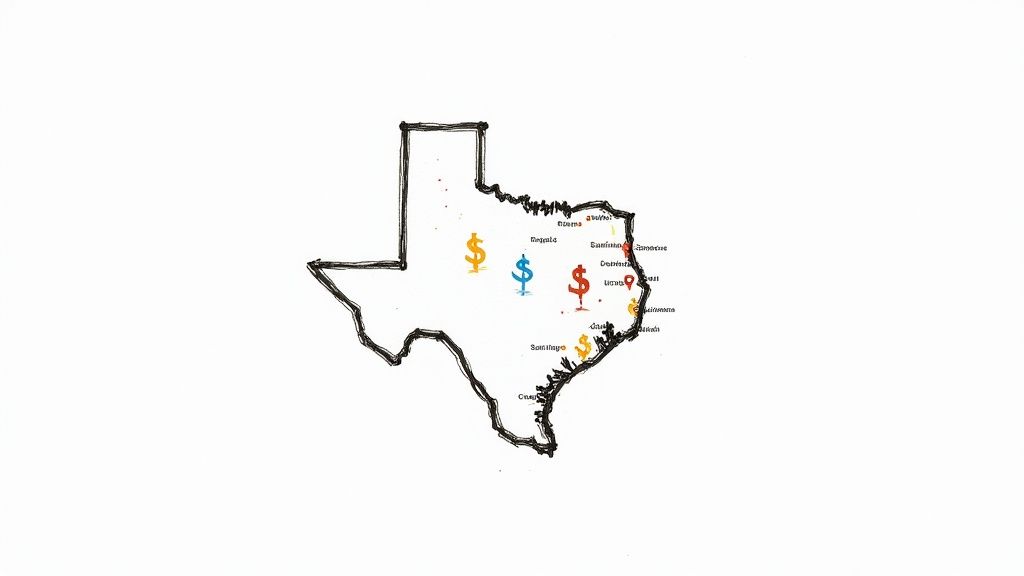 A Texas map with price tags in different cities, symbolizing cost variation.