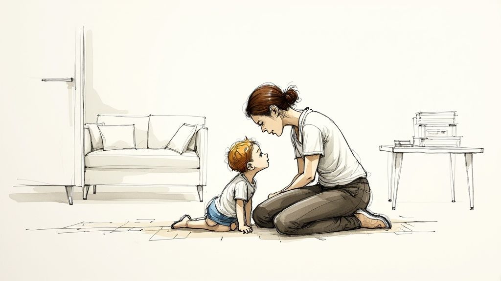 A parent comforting their child in a quiet room.