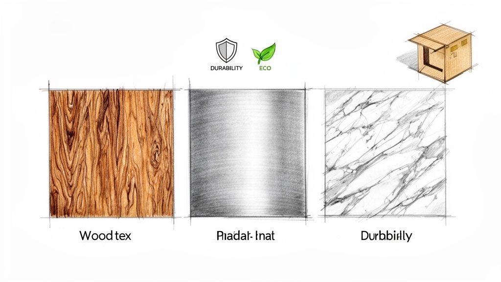 Three material swatches: wood, metallic, and marble, with durability and eco icons, plus a wooden urn sketch.