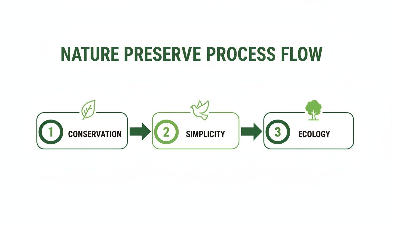 Nature Preserve Process Flow infographic with three steps: Conservation, Simplicity, and Ecology, represented by icons.