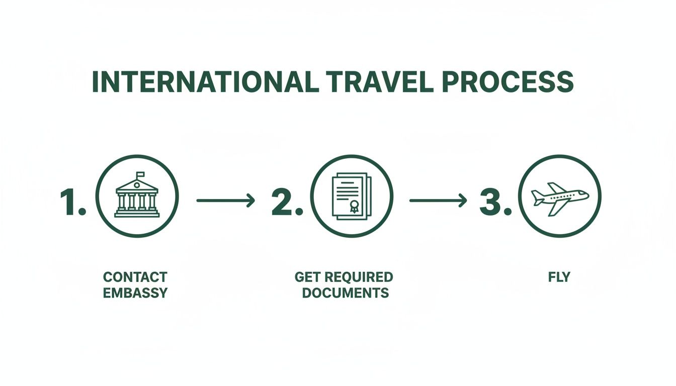 A three-step international travel process: contact embassy, get required documents, then fly.