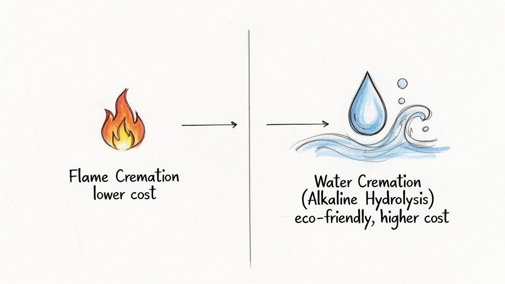 A visual comparison of flame cremation and water cremation (alkaline hydrolysis), detailing their costs and eco-friendliness.