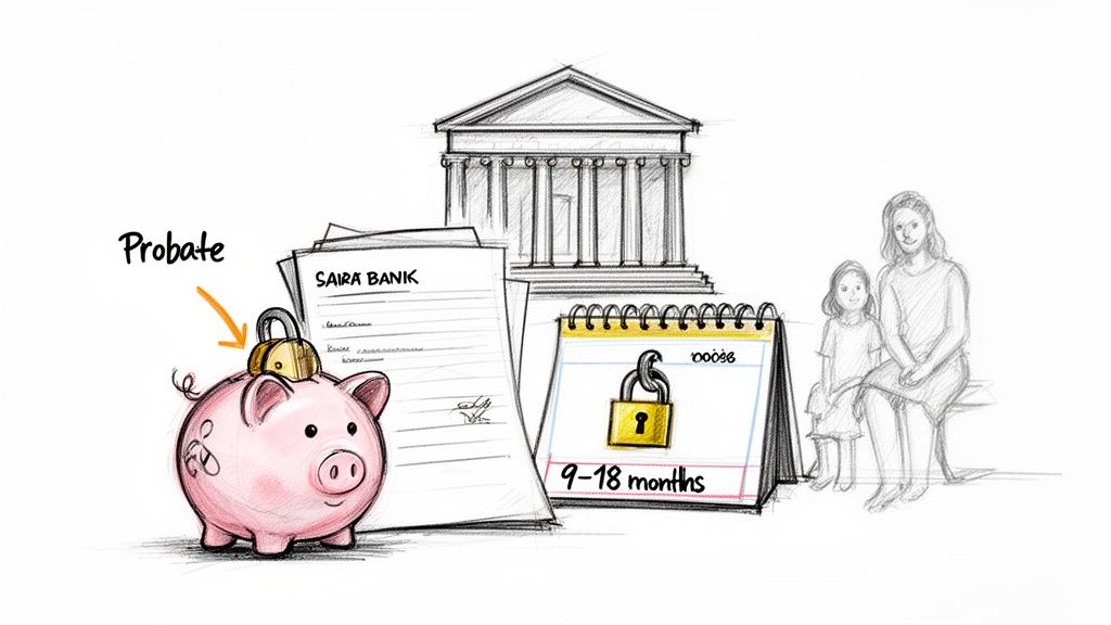 Sketch illustrating probate with a locked piggy bank, legal documents, a calendar showing delays, and a family.