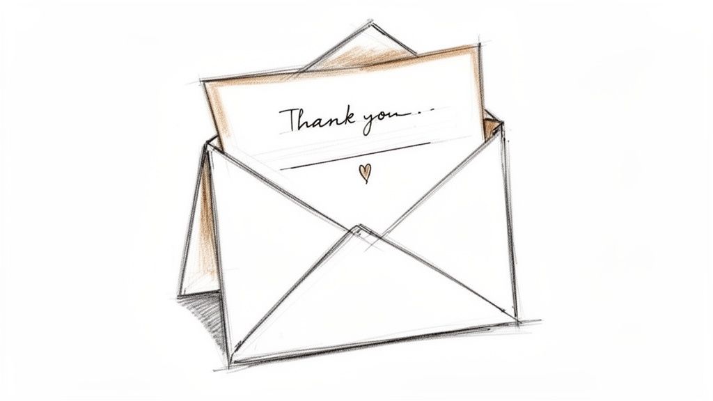 A hand-drawn sketch of an open envelope revealing a 'Thank you...' note with a small heart.