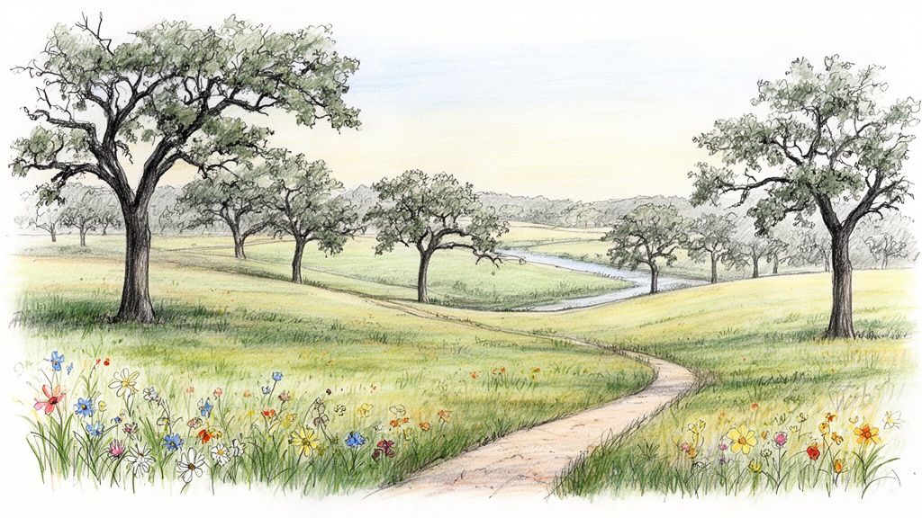 Beautiful pencil drawing of a serene natural park with trees, a winding path, a river, and wildflowers.