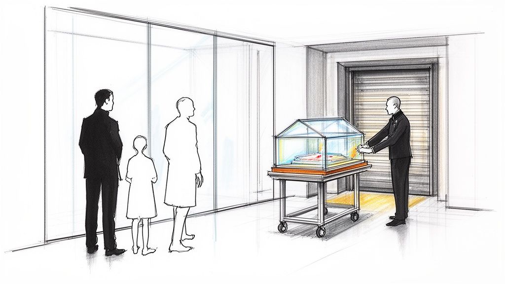 A sketch illustrates a family observing a glowing display case, attended by a man in uniform.