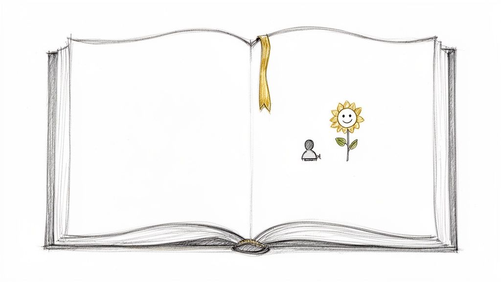 A hand-drawn open book with a yellow bookmark, a person icon, and a smiling sunflower.