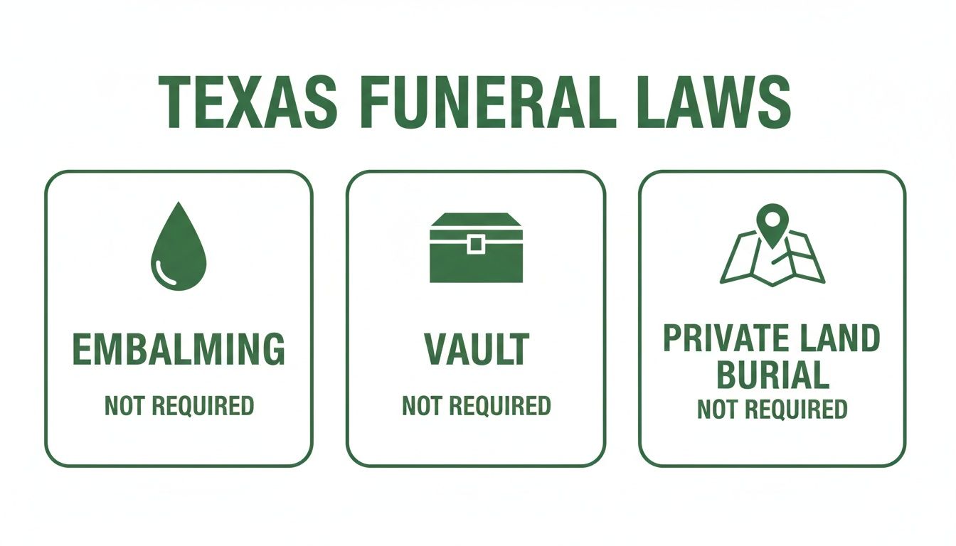 An infographic detailing Texas funeral laws, indicating embalming, vaults, and private land burials are not required.