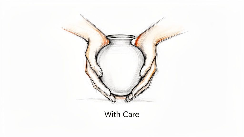A gentle sketch of two hands carefully holding a white cremation urn, symbolizing care.