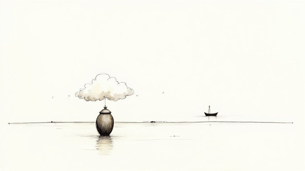 Minimalist watercolor illustration of ceramic urn floating on calm water with cloud above and distant boat