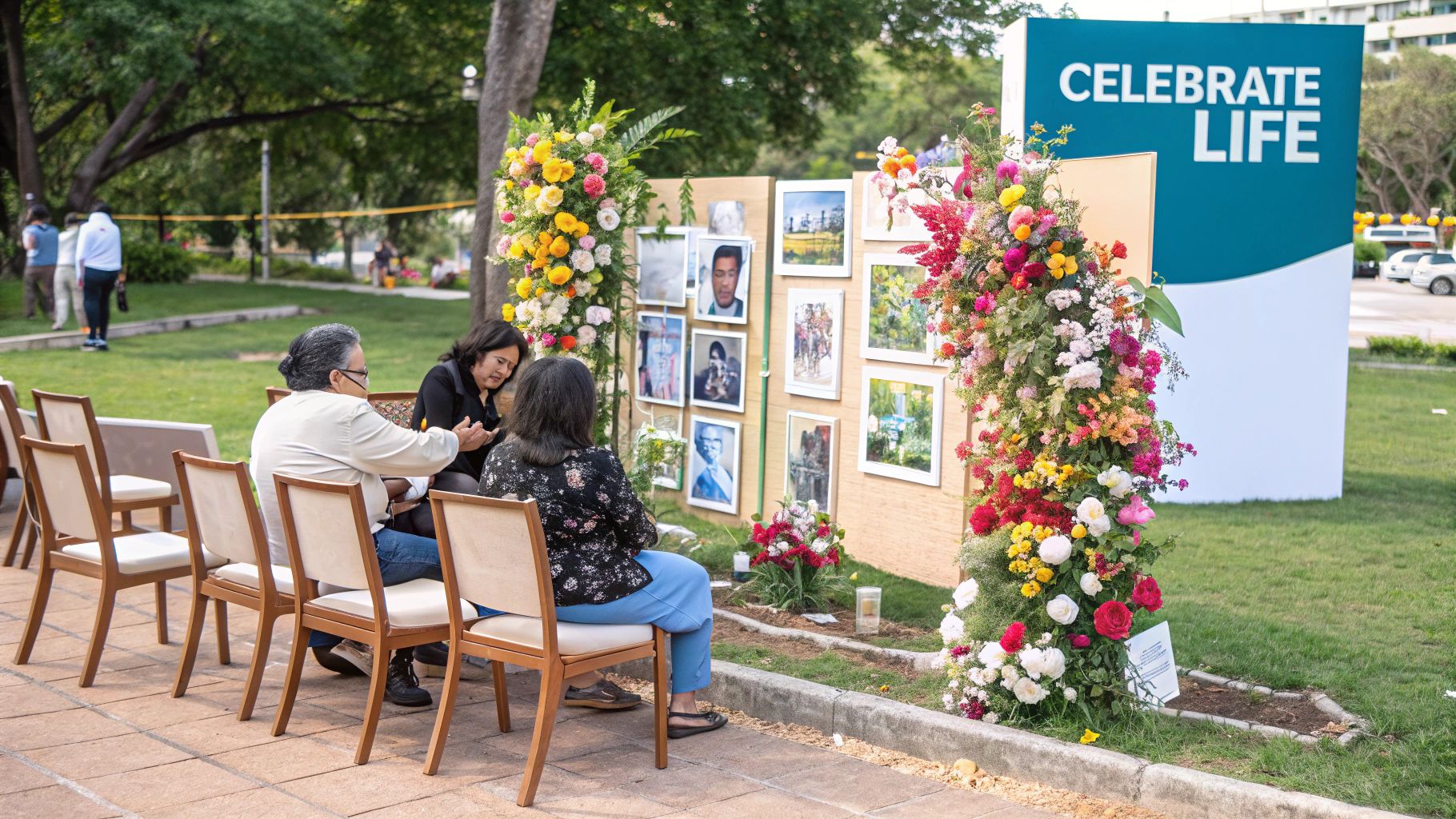8 Affordable Funeral Alternatives to Consider in 2025 A serene outdoor memorial setup with photos and candles on a table, overlooking a lake at sunset.