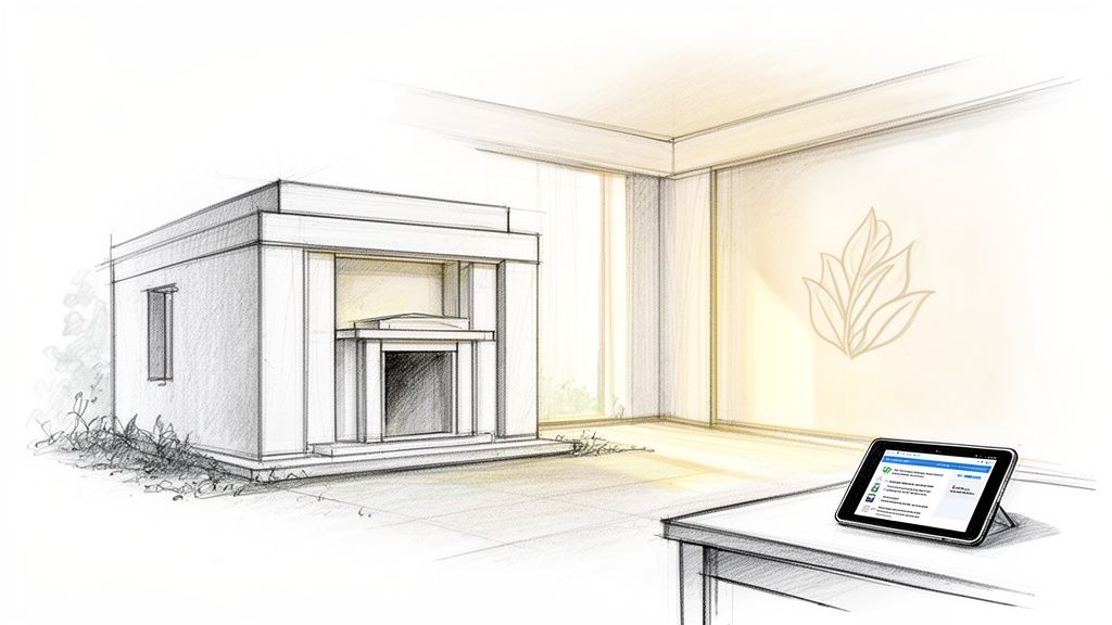 Architectural sketch contrasting an outdoor mausoleum-like structure with a modern indoor space featuring a tablet.