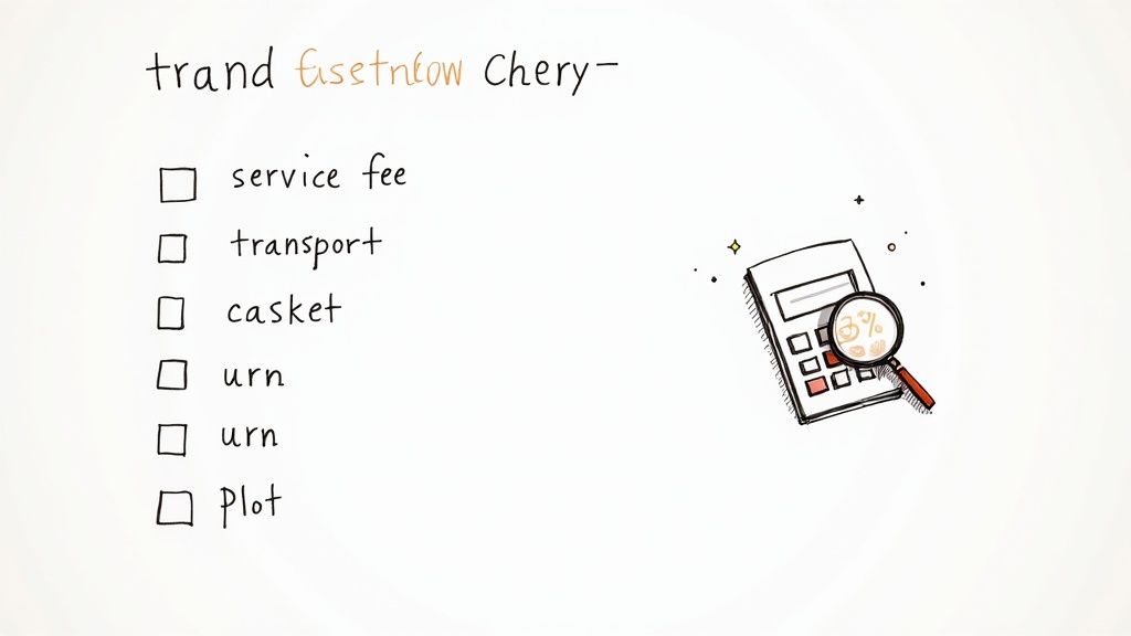 Handwritten checklist of funeral expenses: service fee, transport, casket, urn, and plot, with a calculator illustration.
