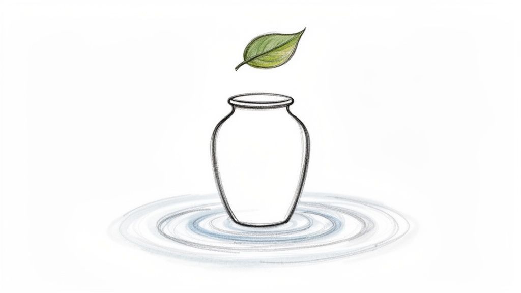 Finding Dignified and Affordable Cremation Services An illustration of a white vase with a green leaf floating above it, surrounded by water ripples.