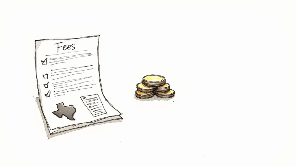 An illustration showing a document titled 'Fees' with a map of Texas, next to a stack of coins.