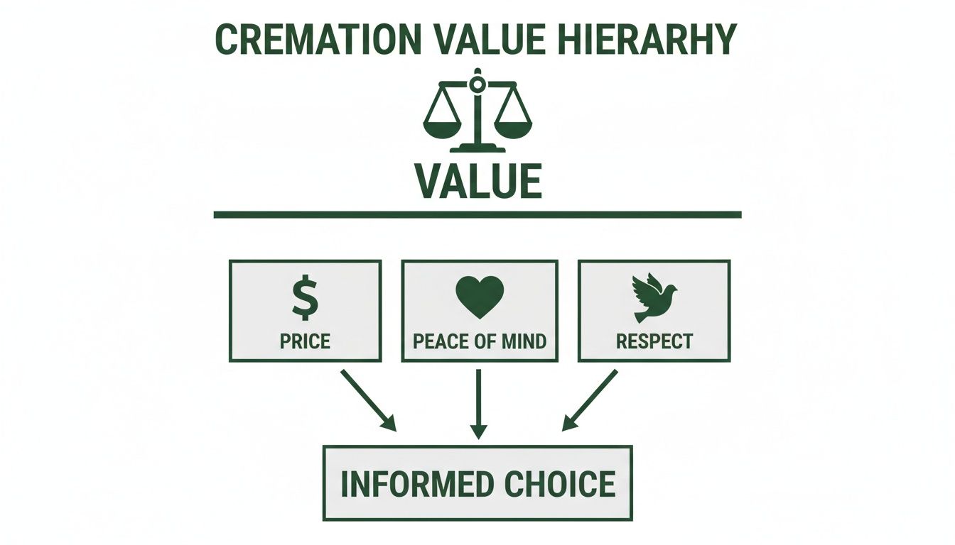 Finding Dignified and Affordable Cremation Services A diagram illustrates the cremation value hierarchy with balance scales, showing price, peace of mind, and respect leading to an informed choice.