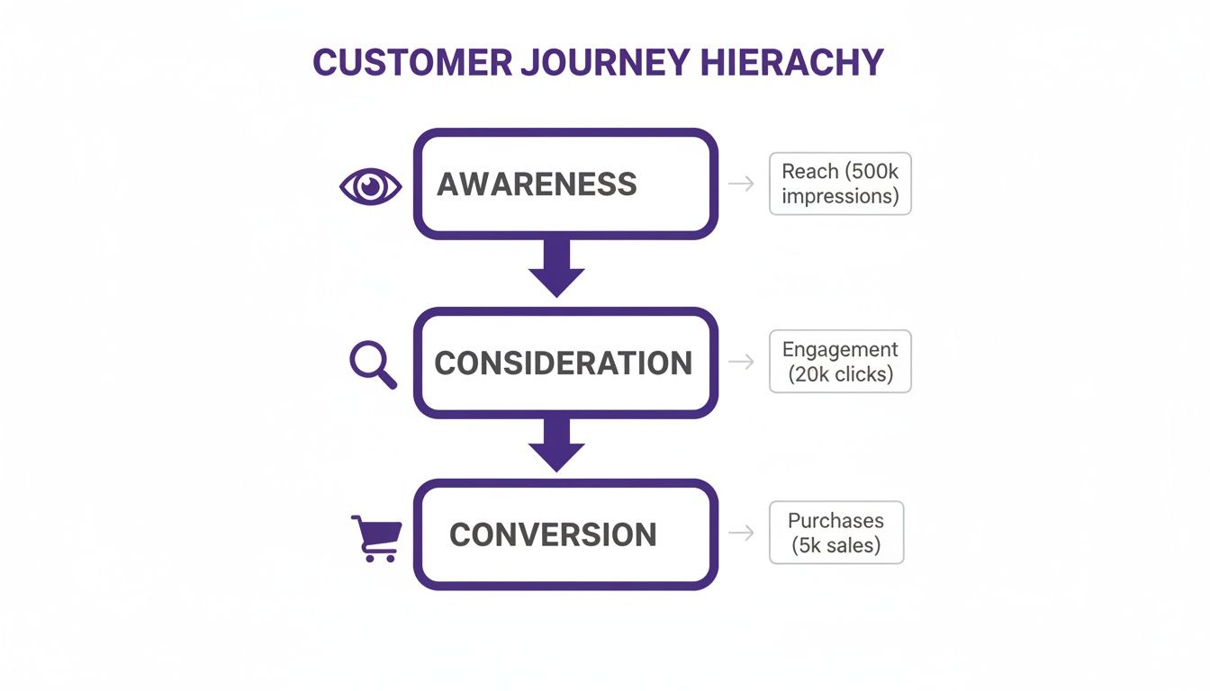 Customer journey hierarchy diagram showing Awareness, Consideration, and Conversion stages with their respective metrics.