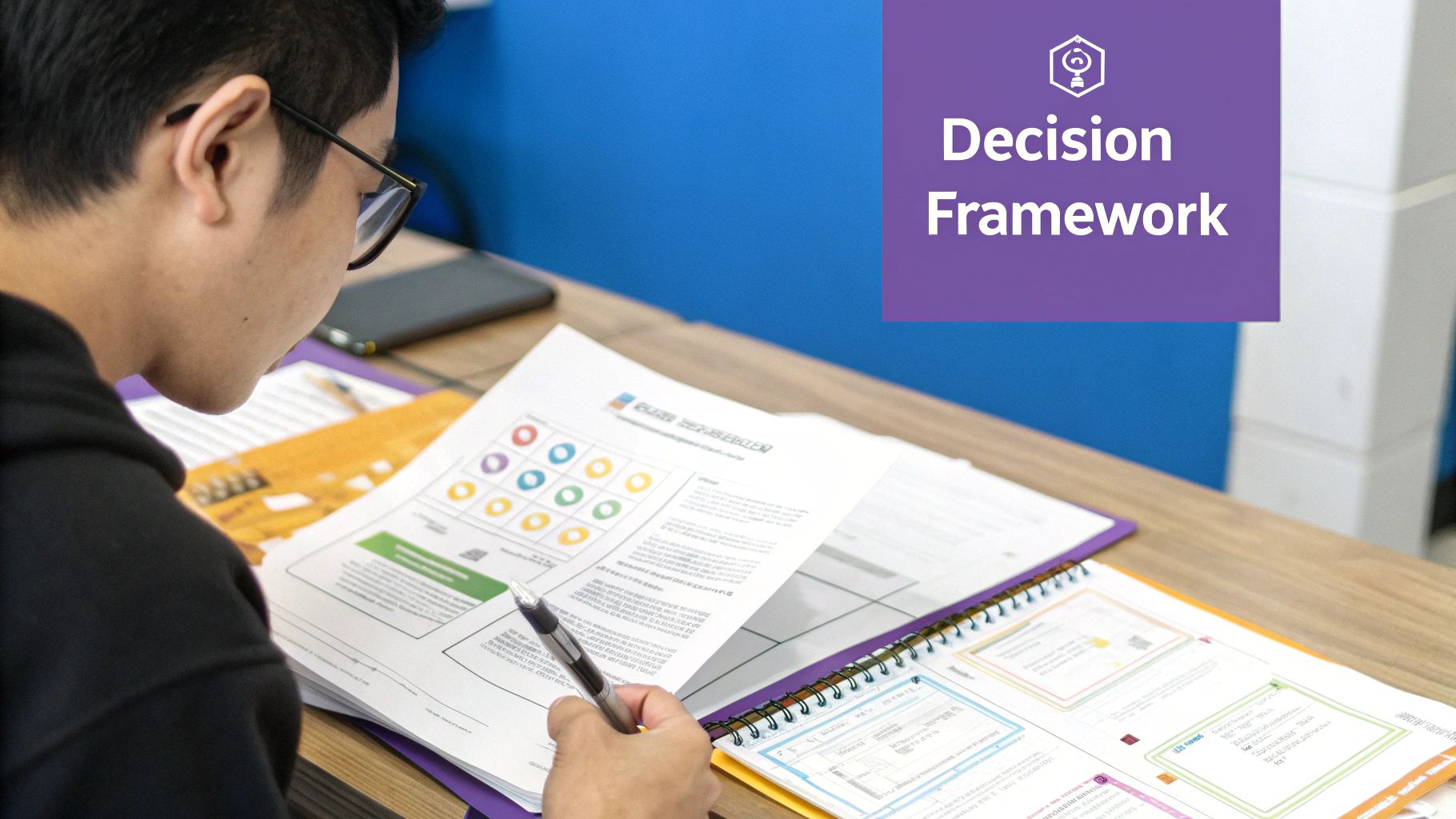 A person at a crossroads, with one path leading to a simple landing page icon and the other to a complex website icon.